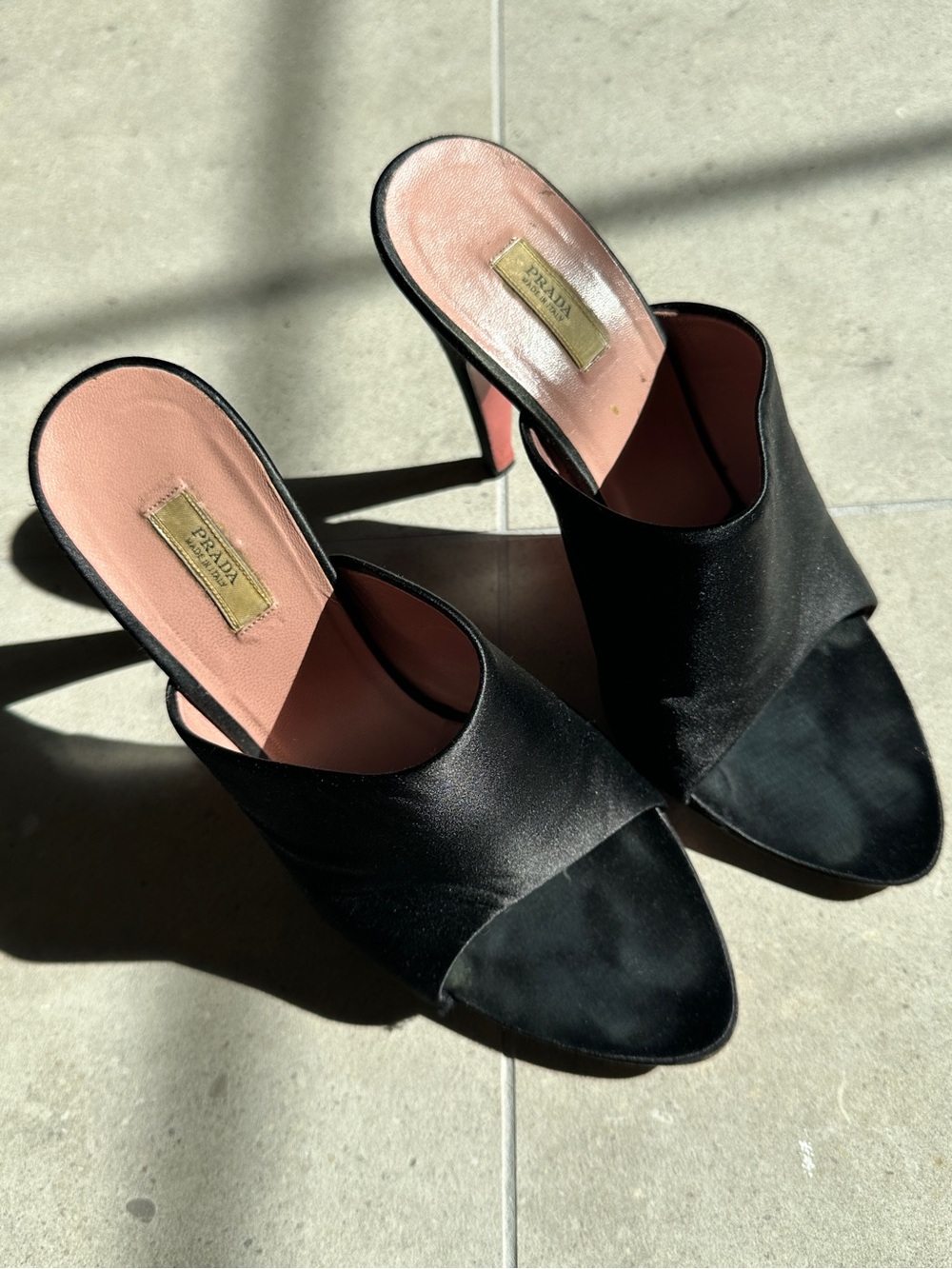 Prada Black Satin Open-Toe Mules with Pink Insole sz 37 - Picture 1 of 5